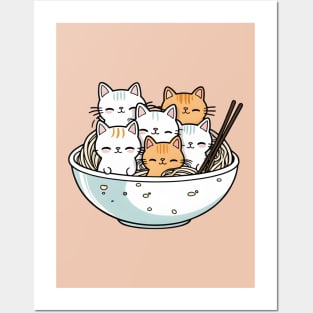 Cute Cats in Noodle Bowl Posters and Art